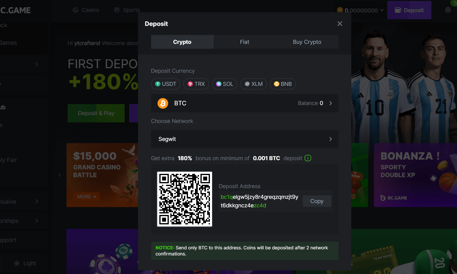 BC.GAMEn talletussivu