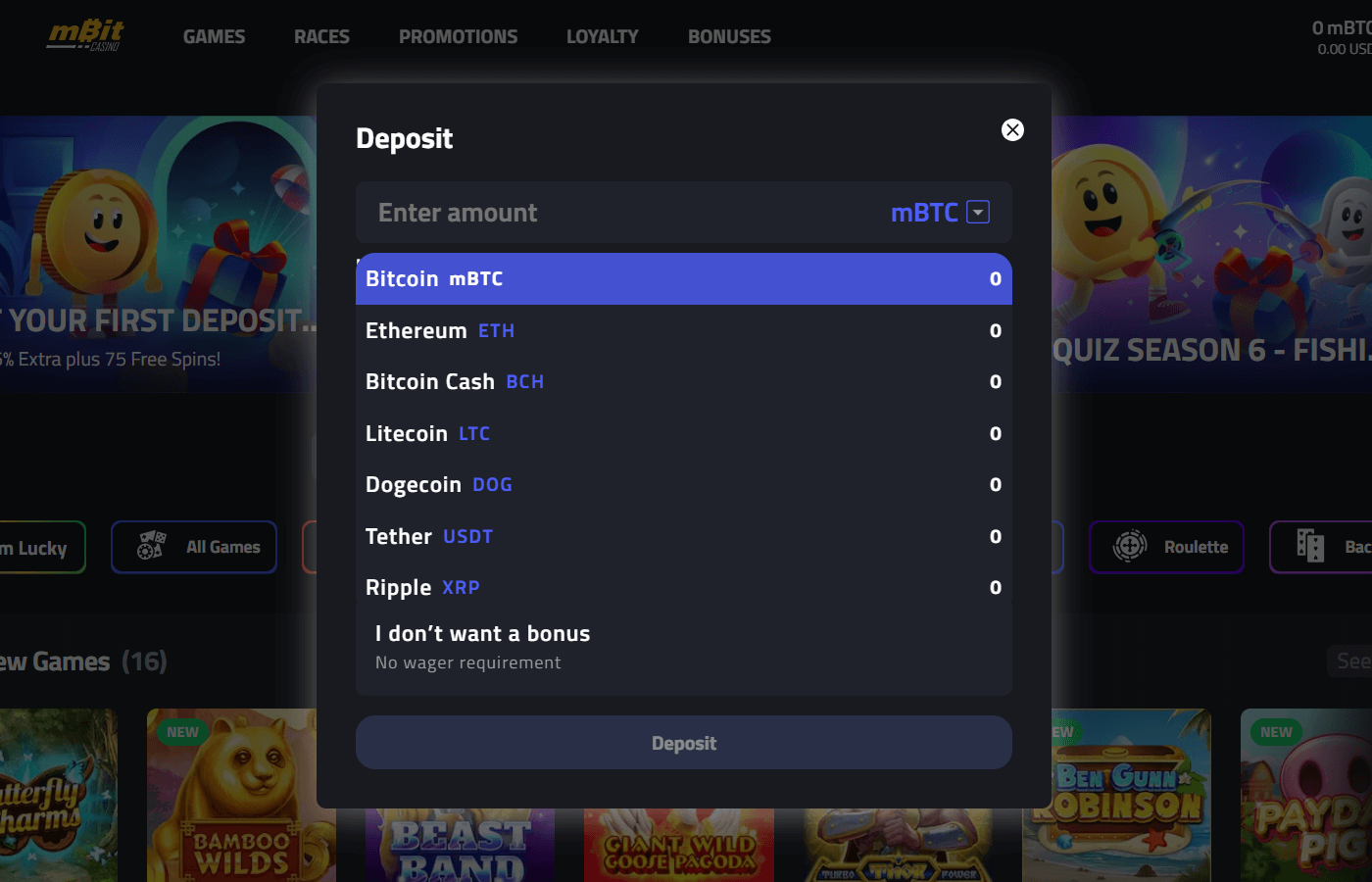 mBitcasino.io Talletussivu