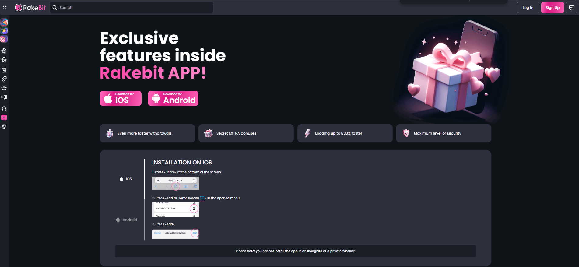 Rakebit sovellus latautuu